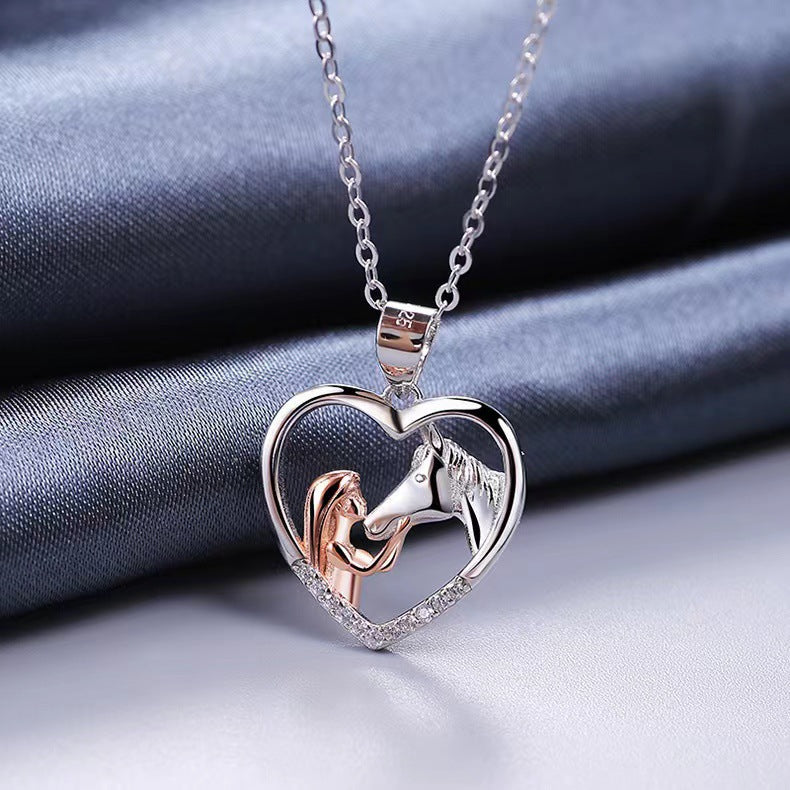 Girl And Horse Color Separation Heart Necklace European And American Stylish Clavicle Necklace Valentine Gift Pendant