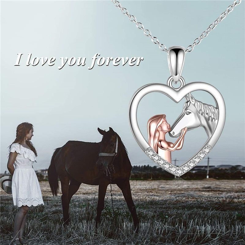 Girl And Horse Color Separation Heart Necklace European And American Stylish Clavicle Necklace Valentine Gift Pendant
