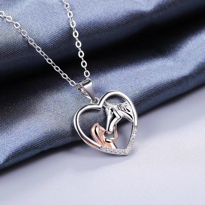 Girl And Horse Color Separation Heart Necklace European And American Stylish Clavicle Necklace Valentine Gift Pendant