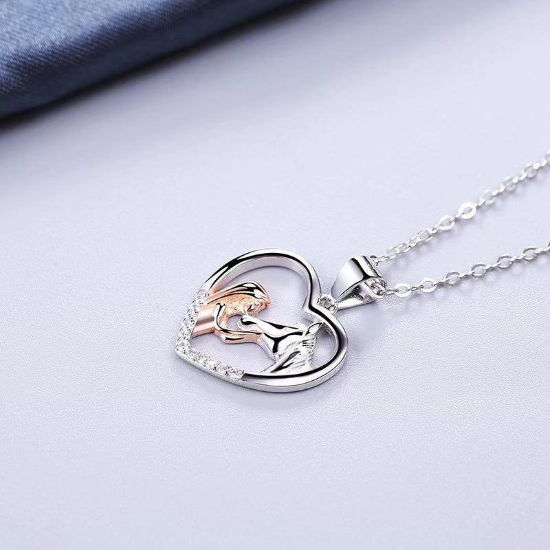 Girl And Horse Color Separation Heart Necklace European And American Stylish Clavicle Necklace Valentine Gift Pendant